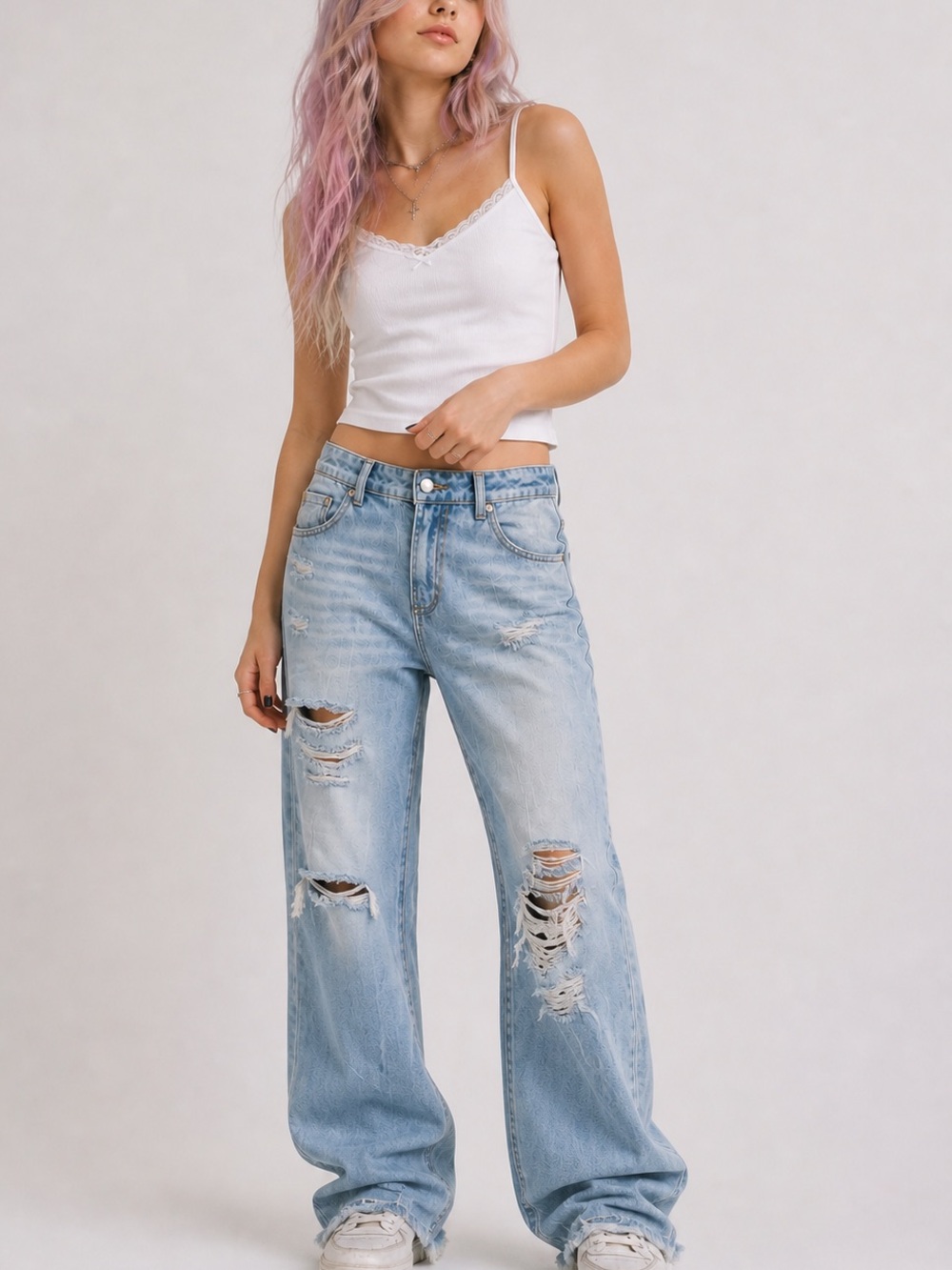 🍒GOGO Light Wash Y2K Distressed Boyfriend Straight Leg Jeans Raw Hem Mid Rise 11